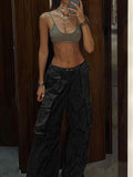 Momentlover Split-Joint Solid Color Pockets Buttoned Wide Leg Loose Trousers Pants