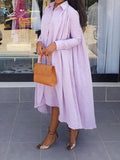 Momentlover High-Low Long Sleeves Pleated Solid Color Lapel Maxi Dresses Shirt Dress