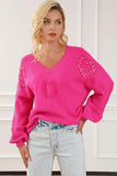 Momentlover Pearl Detail V-Neck Long Sleeve Sweater