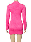 Momentlover Split-Joint Solid Color Pleated Skinny Long Sleeves Round-Neck Mini Dresses
