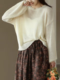 Momentlover Solid Color See-Through Loose Long Sleeves Round-Neck Sweater Tops