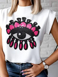 momentlover Cap Sleeve Loose Applique Embroidered Figure High-Neck T-Shirts Tops