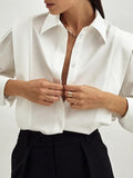 Momentlover Solid Color Buttoned Loose Long Sleeves Lapel Blouses&Shirts Tops