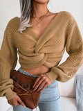 Momentlover Twisted Front Long Sleeve Cropped Sweater