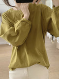 Momentlover Solid Color Pleated Puff Sleeves Loose Round-Neck T-Shirts Tops