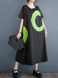 Momentlover Printed Pockets Contrast Color Short Sleeves Loose Round-Neck Midi Dresses