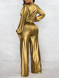 Momentlover Solid Color Shiny Elasticity Wide Leg Puff Sleeves V-Neck Jumpsuits