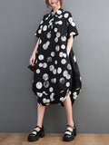 Momentlover Polka-Dot Short Sleeves Loose Lapel Midi Dresses