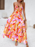 Momentlover Tied Split-Side Printed Pleated Elasticity Backless Sleeveless High Waisted Halter-Neck Maxi Dresses