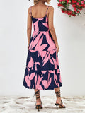 Momentlover Floral Printed Contrast Color Sleeveless Loose Spaghetti-Neck Midi Dresses
