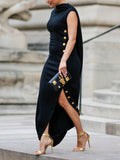 Momentlover Loose Sleeveless Solid Color Split-Side Shawl Collar Long Skirts Maxi Dresses