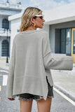 Momentlover High-Low Slit Round Neck Long Sleeve Sweater