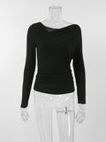 Momentlover Solid Color Asymmetric Skinny Long Sleeves Asymmetric Collar T-Shirts Tops