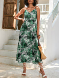 Momentlover Leaves Print Elasticity Sleeveless High Waisted V-Neck Midi Dresses