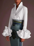 momentlover Flared Sleeves Bow-Embellished Falbala Solid Color Lapel Blouses&Shirts Tops
