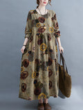 Momentlover Artistic Retro Loose Long Sleeves Printed Round-Neck Maxi Dresses