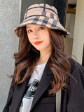 Momentlover Casual Plaid Keep Warm Suede Fisherman Hat