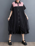 Momentlover Split-Joint Printed Falbala Short Sleeves Loose Lapel Midi Dresses