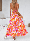 Momentlover Tied Split-Side Printed Pleated Elasticity Backless Sleeveless High Waisted Halter-Neck Maxi Dresses