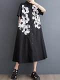 Momentlover Flower Print Buttoned Asymmetric Short Sleeves Loose Lapel Shirt Dress Midi Dresses