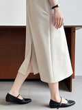 Momentlover Zipper Split-Back Solid Color Pockets Sleeveless Loose Round-Neck Midi Dresses