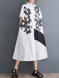Momentlover Flower Print Buttoned Asymmetric Short Sleeves Loose Lapel Shirt Dress Midi Dresses