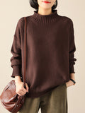 Momentlover Casual Loose Long Sleeves Solid Color High-Neck Sweater Tops