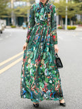 Momentlover Zipper Flower Print Elasticity Bowknot Loose Long Sleeves Round-neck Maxi Dresses