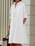 momentlover Simple Long Sleeves Solid Color Lapel Midi Dress