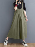 Momentlover Solid Color Buttoned Wide Leg Ninth Pants Spaghetti-Neck Overalls