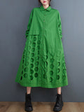Momentlover Solid Color Polka-Dot Hollow Asymmetric Loose Long Sleeves Lapel Midi Dresses