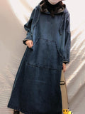Momentlover Vintage Loose Denim Drawstring Hooded Midi Dress