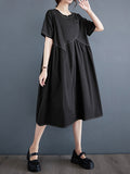 Momentlover Split-Joint Solid Color Pockets Pleated Asymmetric Loose A-line Round-neck Midi Dresses