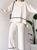 Momentlover Round-Neck High-Low Contrast Color Split-Side Sweater Top + High Waisted Pants Bottom Two Pieces Set