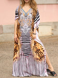 Momentlover Tiger Skin Pattern Split-side Printed Short Sleeves Loose V-neck Maxi Dresses Beach Cover-Up