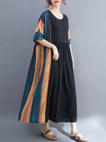 Momentlover Loose Contrast Color Striped Pleated Midi Dress