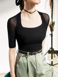 Momentlover Simple Solid Color Square-Neck Half Sleeves Shirt