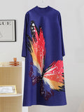 Momentlover Casual Long Sleeves Loose Contrast Color Printed Pleated Beaded Stand Collar Mini Dresses