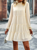 Momentlover Tied Split-Joint Solid Color Pleated Elasticity Long Sleeves High Waisted Mock Neck Mini Dresses