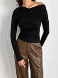 Momentlover Solid Color Asymmetric Skinny Long Sleeves Asymmetric Collar T-Shirts Tops