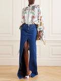 Momentlover Batwing Sleeves High-Low Buttoned Flower Print Mock Neck Blouses&Shirts Tops
