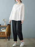 Momentlover Casual Loose Long Sleeves Solid Color Round-Neck T-Shirts Tops