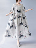Momentlover Split-Joint Printed Pleated Short Sleeves Loose Round-neck Midi Dresses