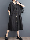Momentlover Solid Color Pockets Buttoned Short Sleeves Loose V-Neck Midi Dresses
