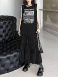 Momentlover Pleated Letter Print Asymmetric Sleeveless Loose Round-Neck Vest Top