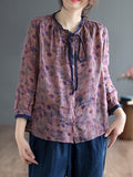 Momentlover Lace-Up Floral Printed Loose Long Sleeves Round-Neck Blouses&Shirts Tops