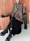 Momentlover Split-Joint Solid Color Pleated Buttoned Asymmetric Loose Long Sleeves High Neck Blouses