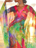 Momentlover Batwing Sleeves Loose Printed See-Through Split-Joint V-Neck Cover-Ups Maxi Dresses