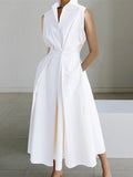 momentlover Sleeveless Solid Color Lapel Midi Dresses