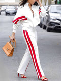 Momentlover Long Sleeves Loose Split-Joint Striped Zipper Stand Collar Jackets Outerwear
